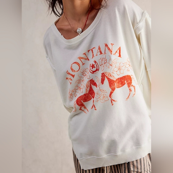 Free People We The Free Graphic Camden Pullover/Coconut Combo Montana - Picture 2 of 16